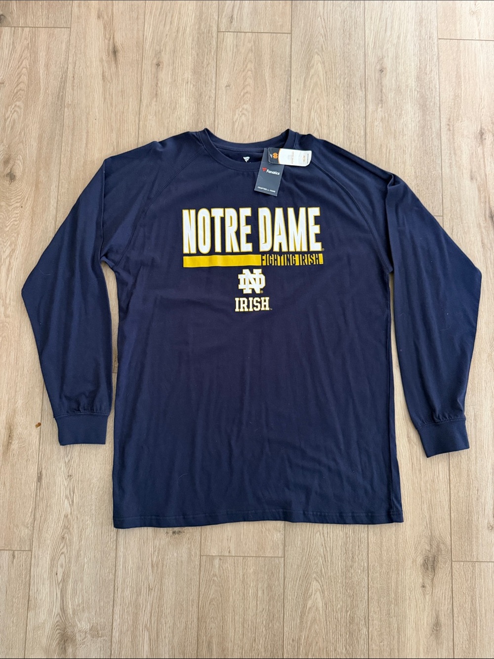 Fanatics Navy Long Sleeve Notre Dame Irish Tee with Yellow Logo